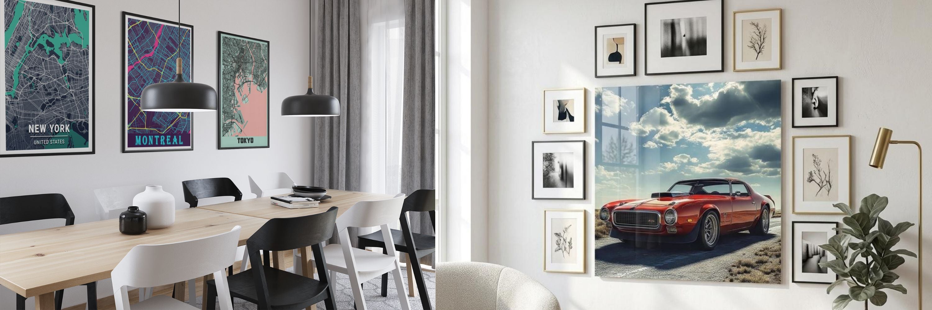 Modern dining area with colorful city map posters and living space with art and car print wall décor