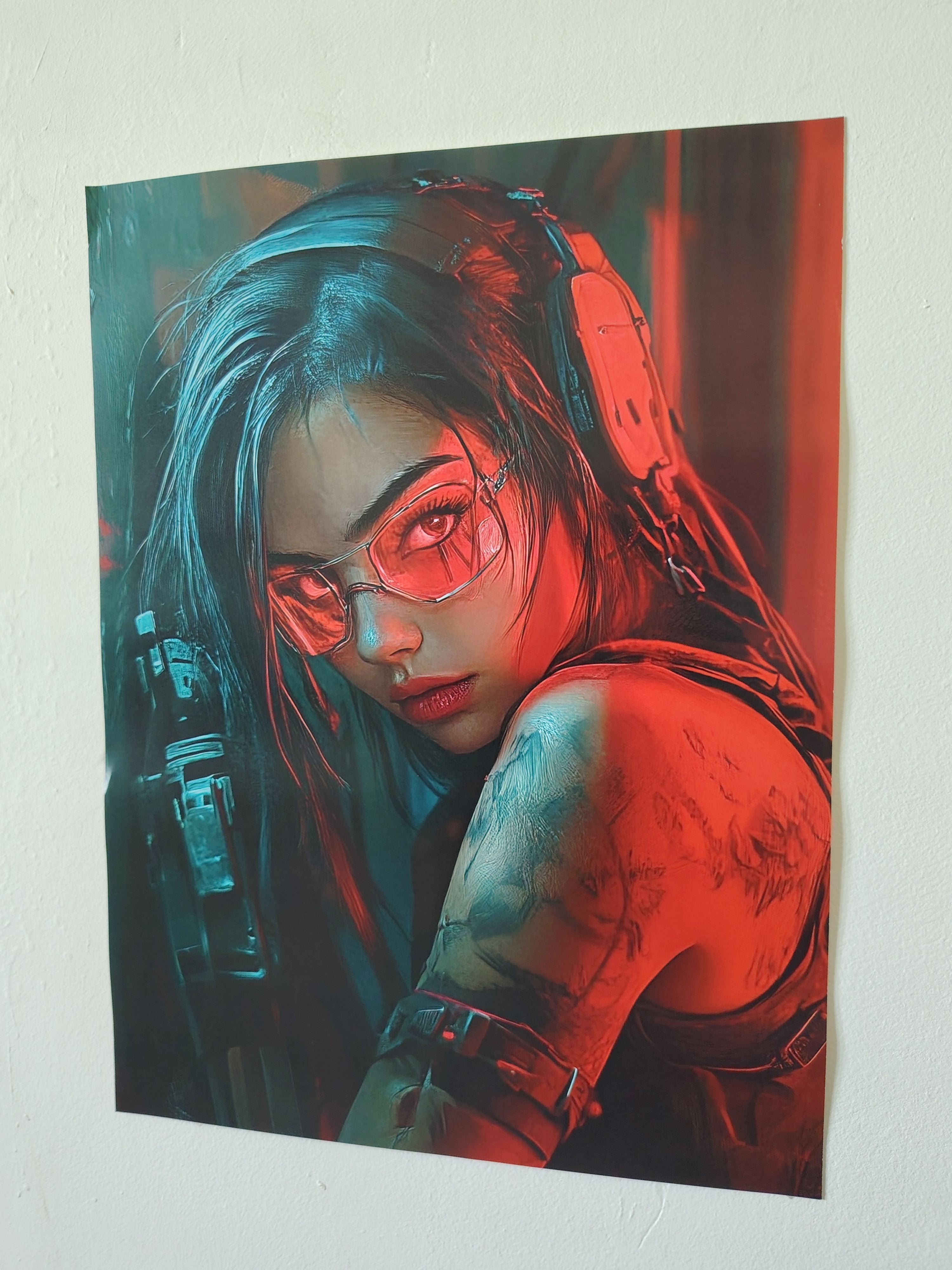 Cyberpunk art poster featuring a woman with neon red lighting, tech headset, and glasses