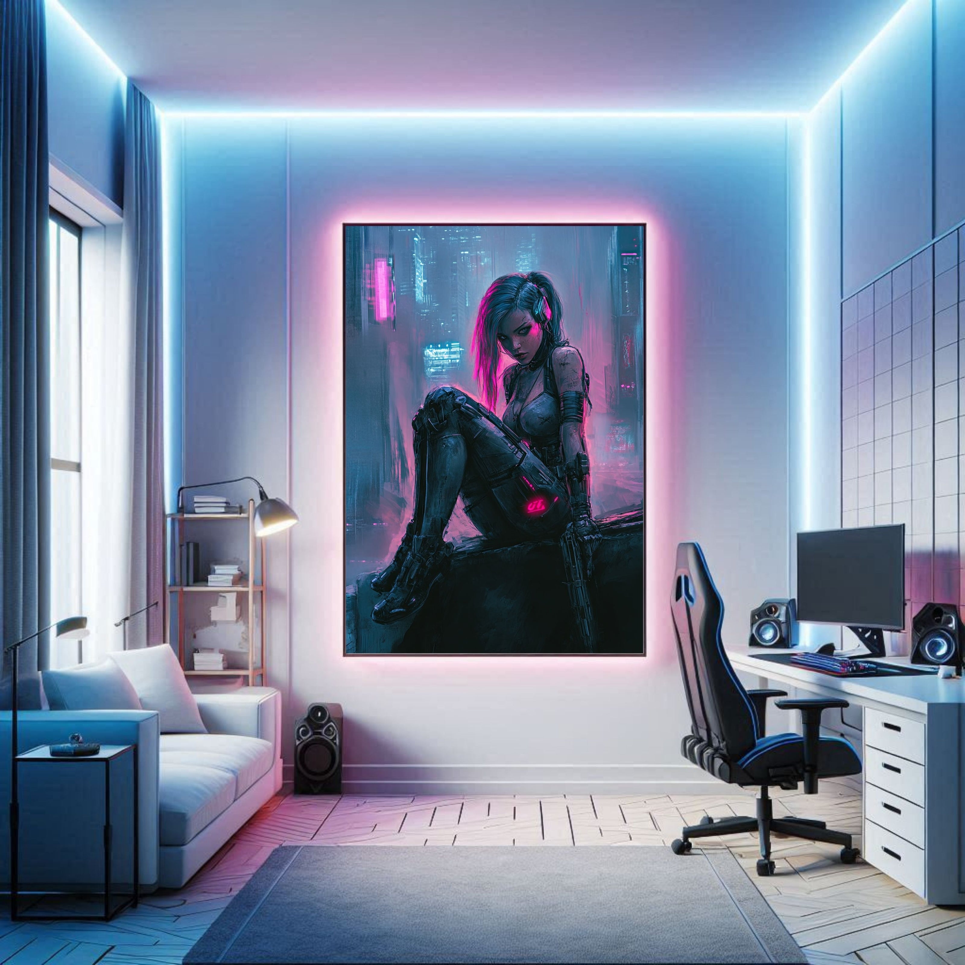 Cyberpunk art poster with neon colors in a modern gaming room, urban decor style