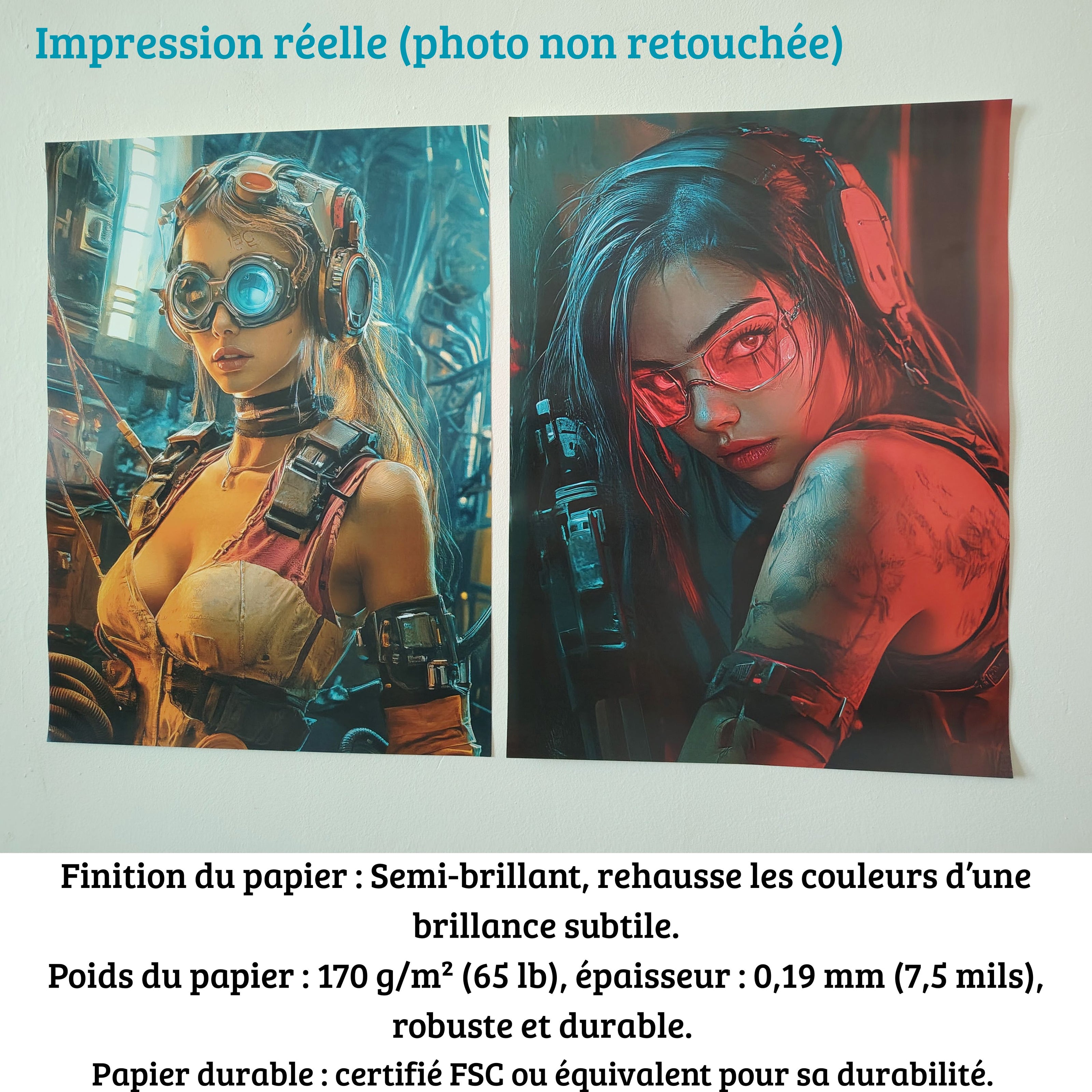 Two cyberpunk art posters featuring women with futuristic goggles and neon details on a wall.