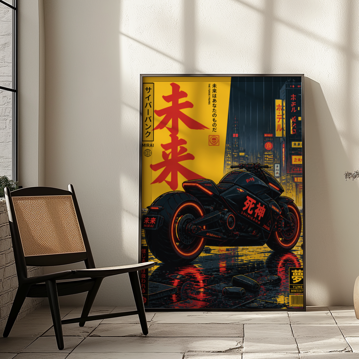 Cyberpunk Motorcycle Poster, Futuristic Japanese Bike Wall Art, Neon Tokyo Street Print, Dark Retro Future Motorcycle Decor