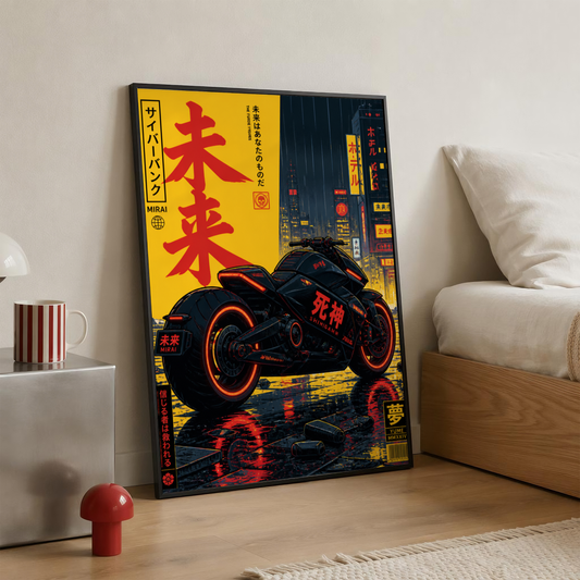 Cyberpunk Motorcycle Poster, Futuristic Japanese Bike Wall Art, Neon Tokyo Street Print, Dark Retro Future Motorcycle Decor