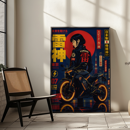 Affiche Moto Cyberpunk | Samurai Woman & Neo Tokyo