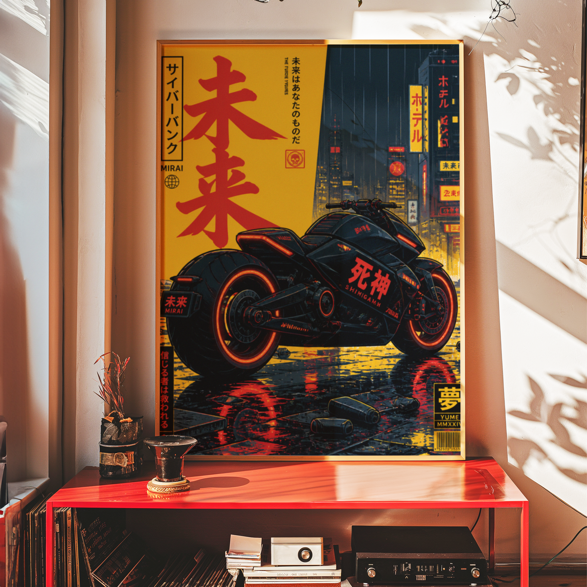 Cyberpunk Motorcycle Poster, Futuristic Japanese Bike Wall Art, Neon Tokyo Street Print, Dark Retro Future Motorcycle Decor