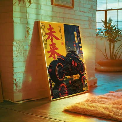 Cyberpunk Motorcycle Poster, Futuristic Japanese Bike Wall Art, Neon Tokyo Street Print, Dark Retro Future Motorcycle Decor
