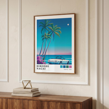 Affiche Hiroshi Nagai | Cabriolet Blanc, Océan & Lune