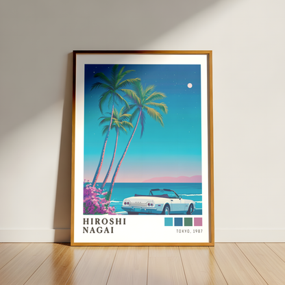 Affiche Hiroshi Nagai | Cabriolet Blanc, Océan & Lune