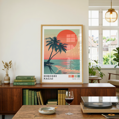 Hiroshi Nagai Style Palm Tree Sunset Poster, Tropical Beach Wall Art, Retro Ocean Print, Japanese Travel Decor