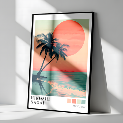 Hiroshi Nagai Style Palm Tree Sunset Poster, Tropical Beach Wall Art, Retro Ocean Print, Japanese Travel Decor
