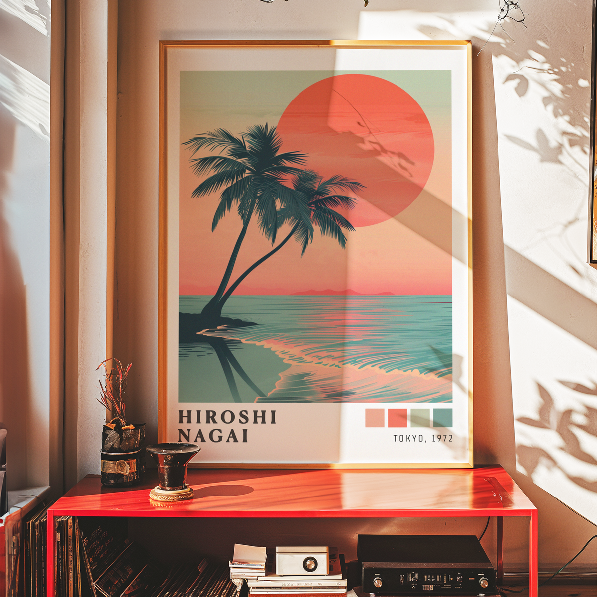 Hiroshi Nagai Style Palm Tree Sunset Poster, Tropical Beach Wall Art, Retro Ocean Print, Japanese Travel Decor