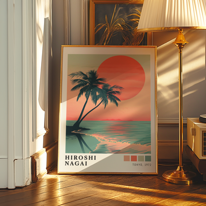Hiroshi Nagai Style Palm Tree Sunset Poster, Tropical Beach Wall Art, Retro Ocean Print, Japanese Travel Decor