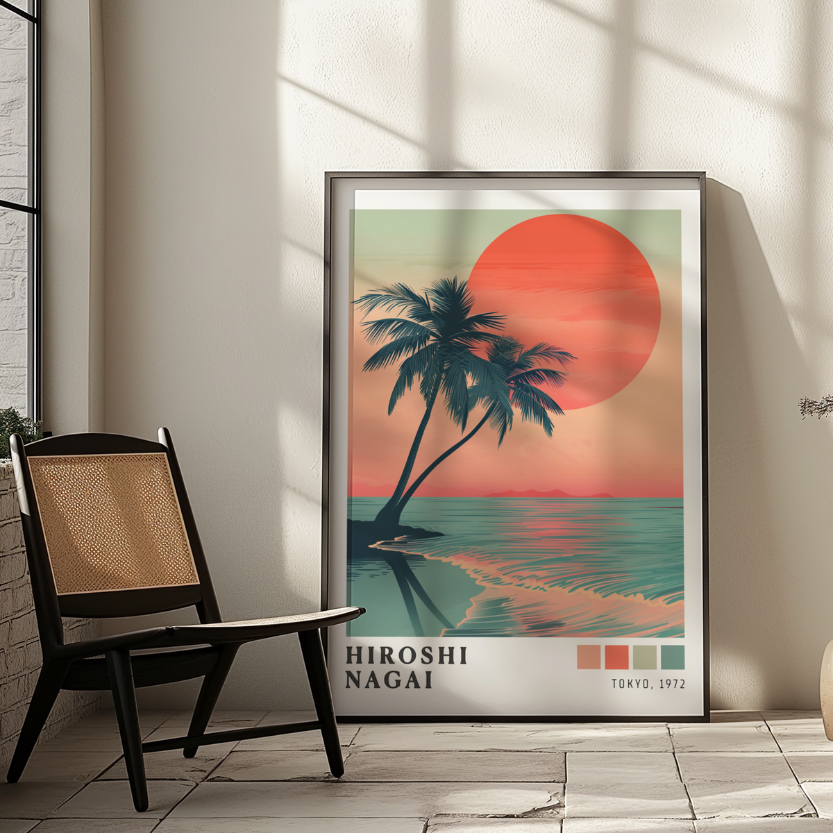 Hiroshi Nagai Style Palm Tree Sunset Poster, Tropical Beach Wall Art, Retro Ocean Print, Japanese Travel Decor