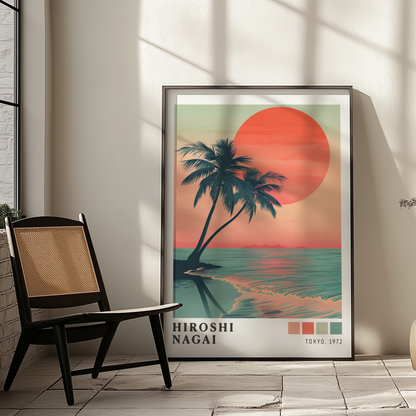 Hiroshi Nagai Style Palm Tree Sunset Poster, Tropical Beach Wall Art, Retro Ocean Print, Japanese Travel Decor