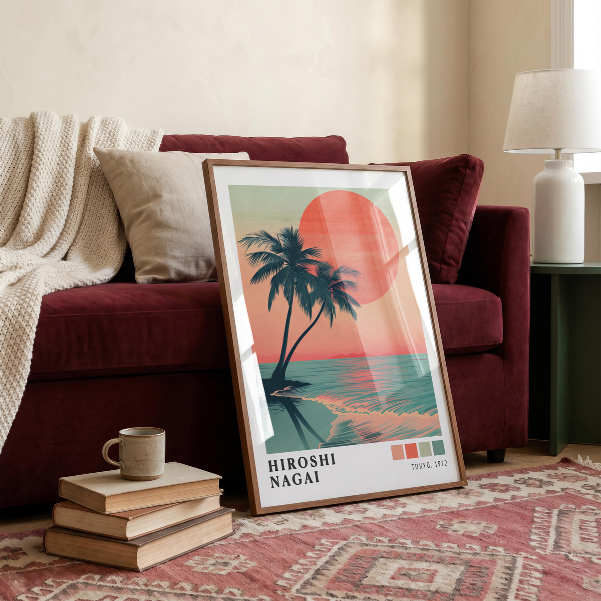 Hiroshi Nagai Style Palm Tree Sunset Poster, Tropical Beach Wall Art, Retro Ocean Print, Japanese Travel Decor