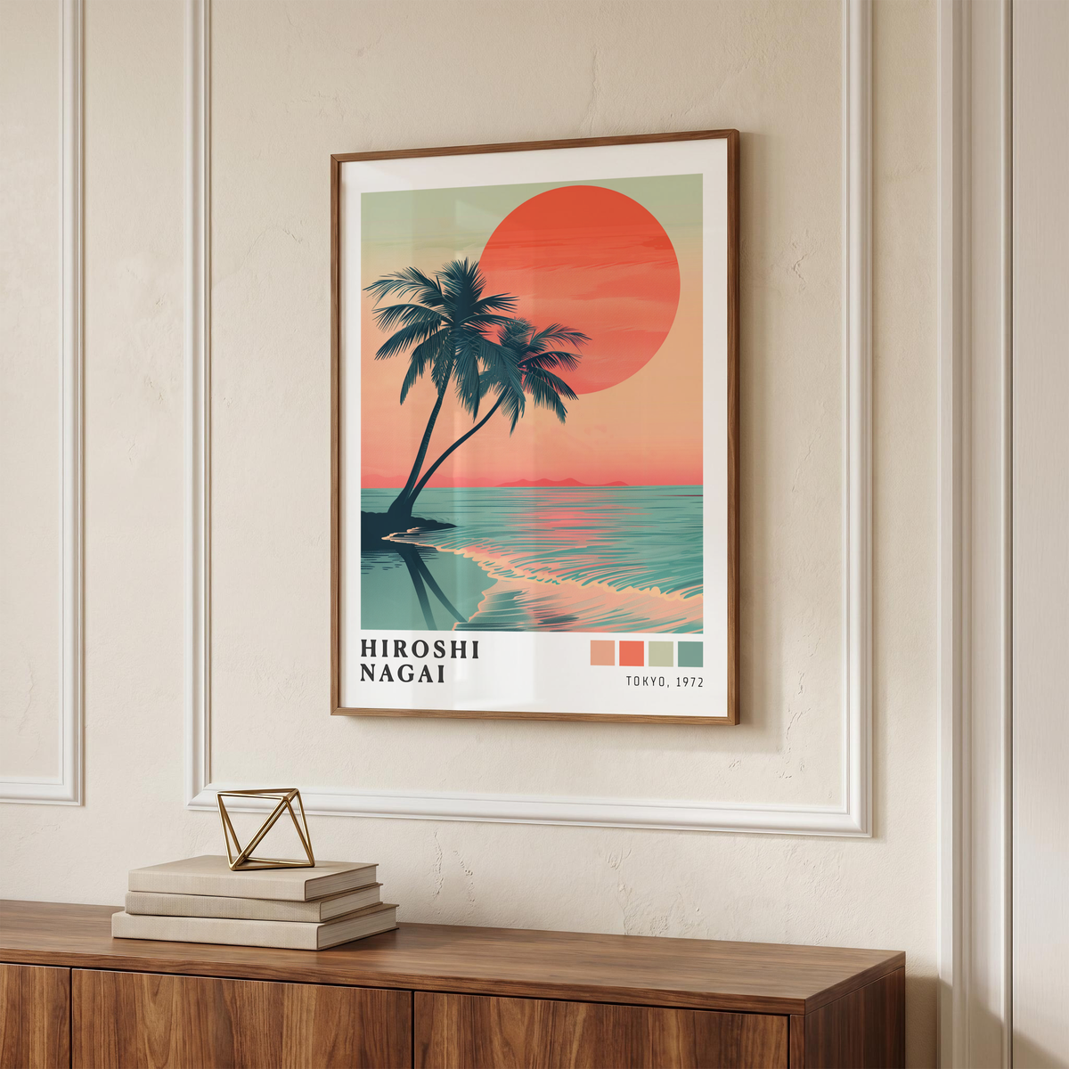 Hiroshi Nagai Style Palm Tree Sunset Poster, Tropical Beach Wall Art, Retro Ocean Print, Japanese Travel Decor