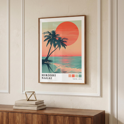 Hiroshi Nagai Style Palm Tree Sunset Poster, Tropical Beach Wall Art, Retro Ocean Print, Japanese Travel Decor
