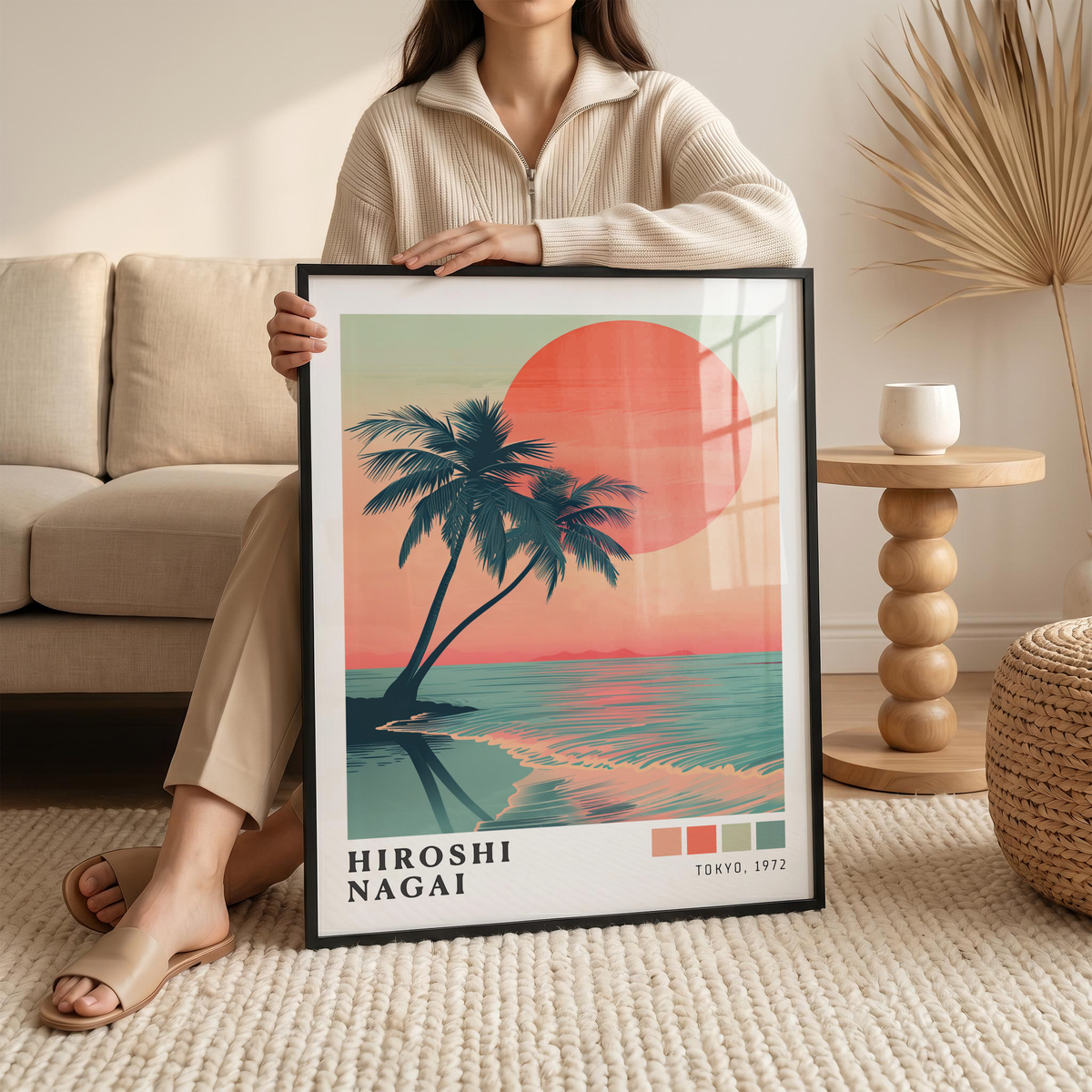 Hiroshi Nagai Style Palm Tree Sunset Poster, Tropical Beach Wall Art, Retro Ocean Print, Japanese Travel Decor