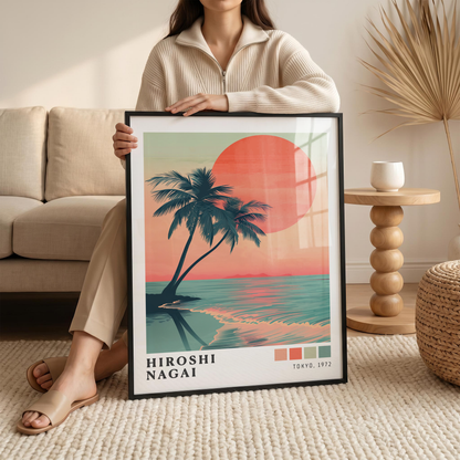 Hiroshi Nagai Style Palm Tree Sunset Poster, Tropical Beach Wall Art, Retro Ocean Print, Japanese Travel Decor
