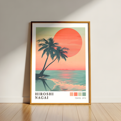 Hiroshi Nagai Style Palm Tree Sunset Poster, Tropical Beach Wall Art, Retro Ocean Print, Japanese Travel Decor