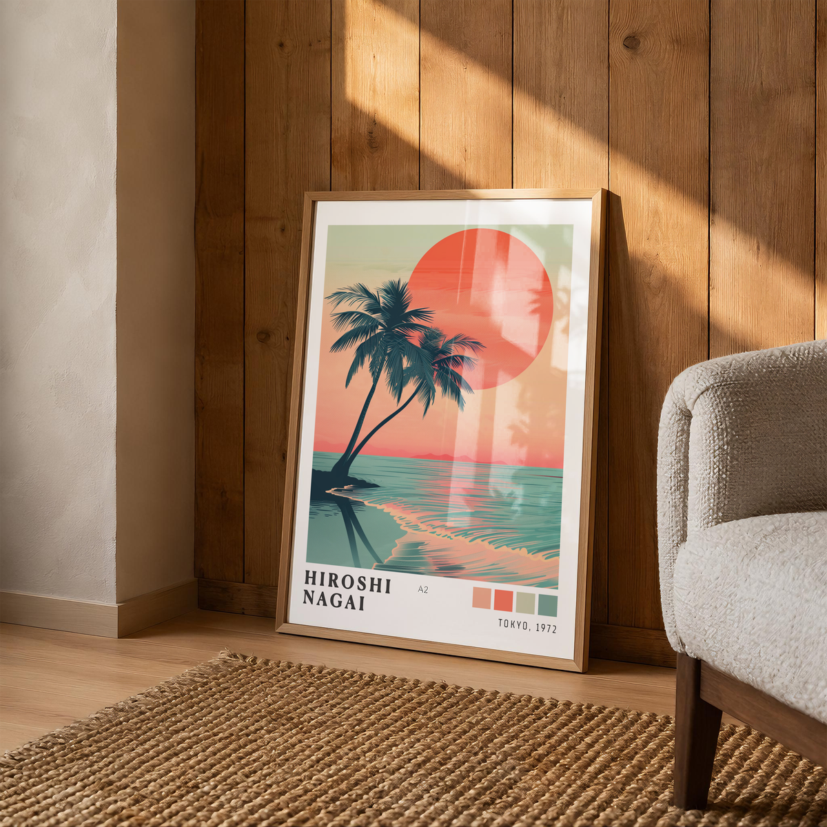 Hiroshi Nagai Style Palm Tree Sunset Poster, Tropical Beach Wall Art, Retro Ocean Print, Japanese Travel Decor