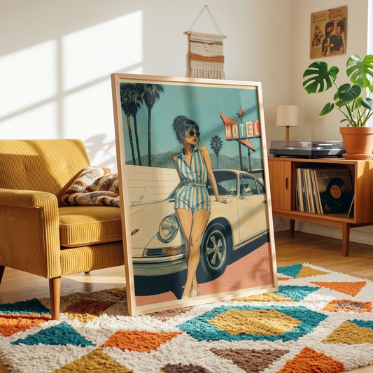 Retro Motel Poster, Vintage California Road Trip Art, Classic Car Print, Palm Trees, Americana Wall Decor