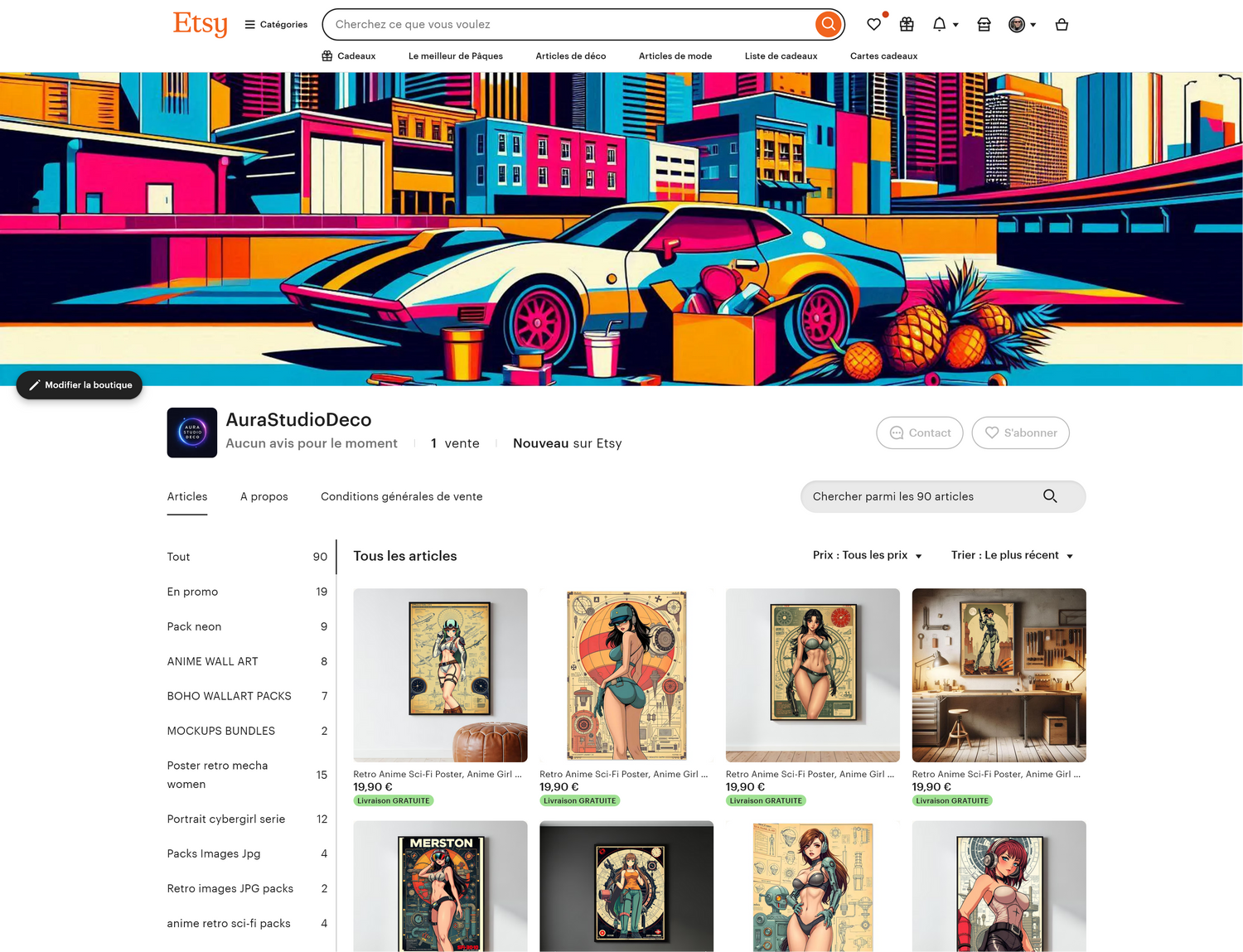 Colorful cyberpunk art deco cityscape with sports car and pineapples, Etsy shop homepage display