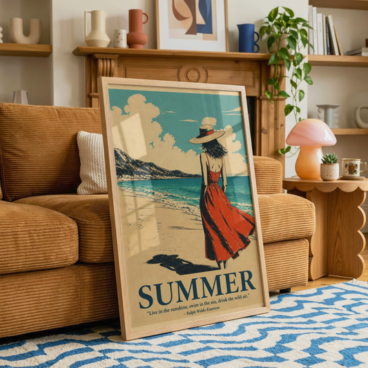 Affiche Femme à la Plage | Robe Rouge & Bord de Mer