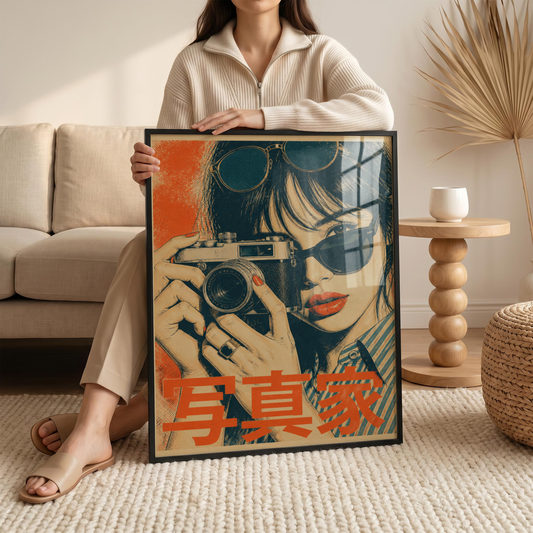Vintage Japanese Photographer Poster, Retro Camera Girl Print, 1960s Inspired Wall Art, Tokyo Style Photography Decor
