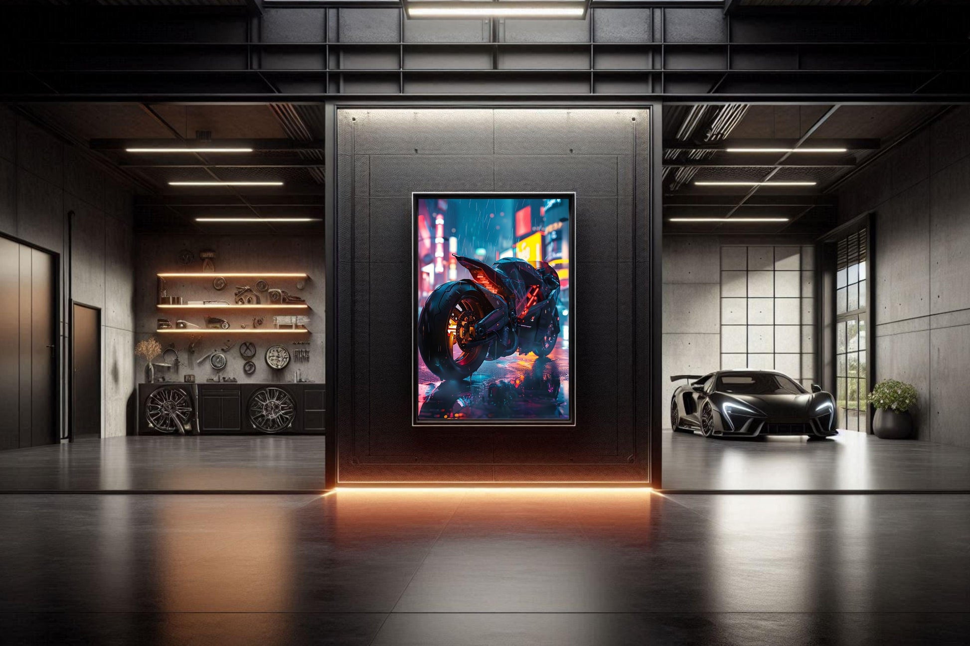 🏍️🏁🔧 Moto Cyberpunk Série futuriste #️⃣2  - (Affiche encadrée métal) - Aura Studio Déco