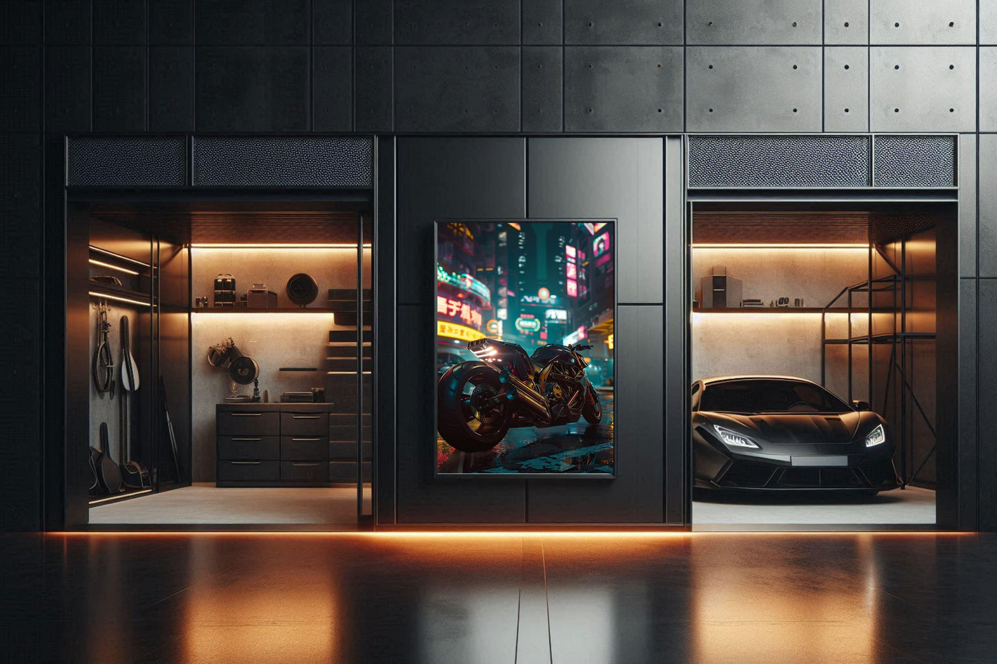 🏍️🏁🔧 Moto Cyberpunk Série futuriste #️⃣11  - (Affiche encadrée métal) - Aura Studio Déco