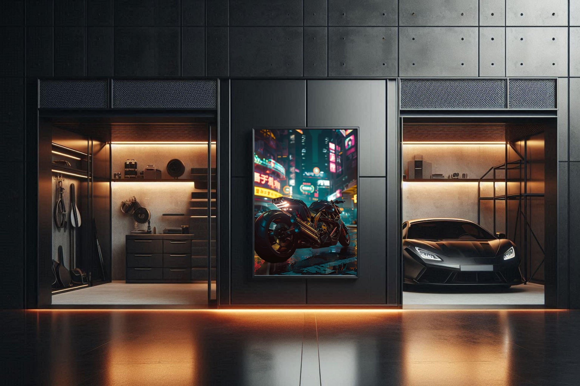 🏍️🏁🔧 Moto Cyberpunk Série futuriste #️⃣11  - (Affiche encadrée métal) - Aura Studio Déco