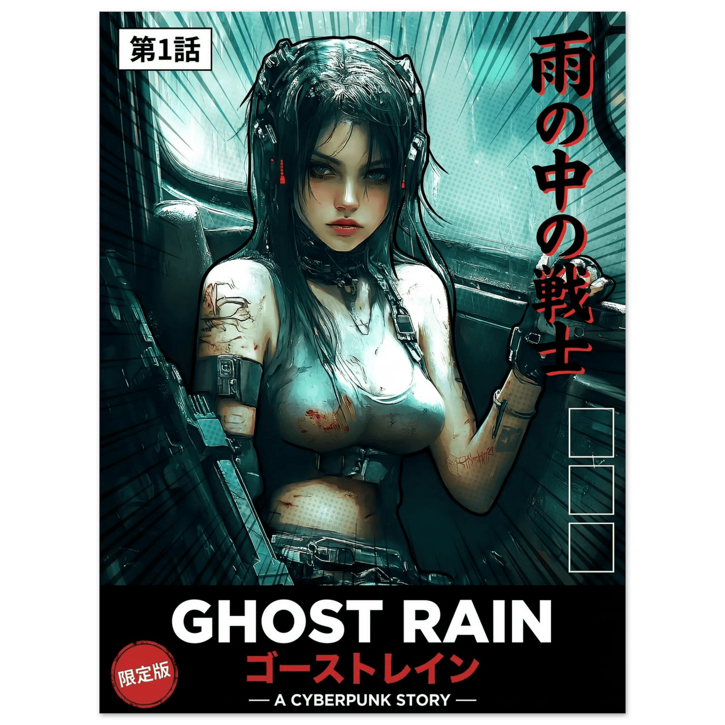 ☣️🧬 Série limitée Art Cyberpunk - Poster Cybergirl Ghost Rain - Aura Studio Déco