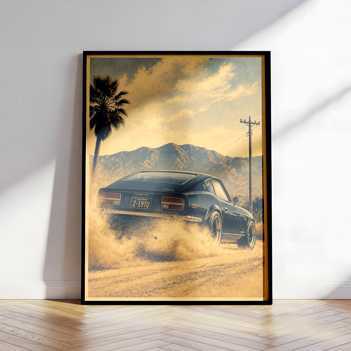 Affiche Automobile Vintage, Coupé Sportif dans le Désert, Montagnes & Palmier, Déco Murale Rétro
