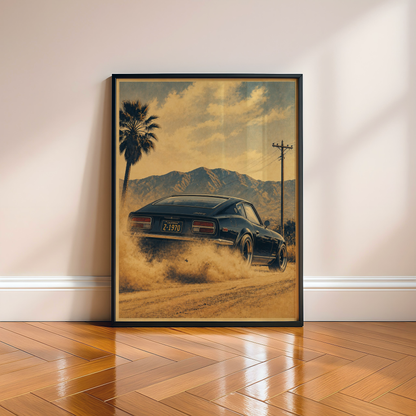 Affiche Automobile Vintage, Coupé Sportif dans le Désert, Montagnes & Palmier, Déco Murale Rétro
