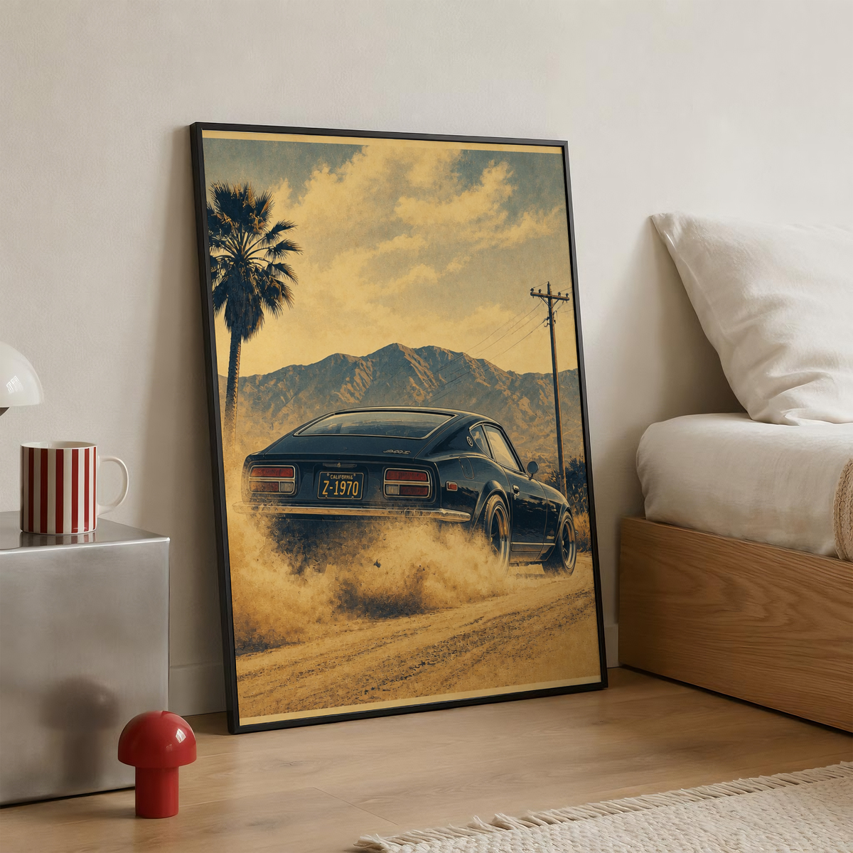 Affiche Automobile Vintage, Coupé Sportif dans le Désert, Montagnes & Palmier, Déco Murale Rétro