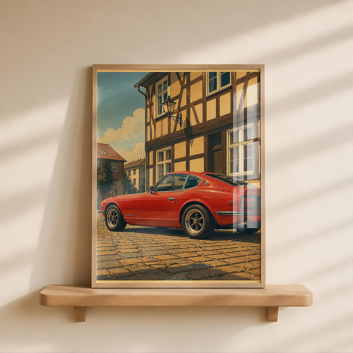 Affiche Coupé Japonais  Rouge Vintage, Rue Pavée Européenne, Architecture Ancienne & Automobile, Déco Murale