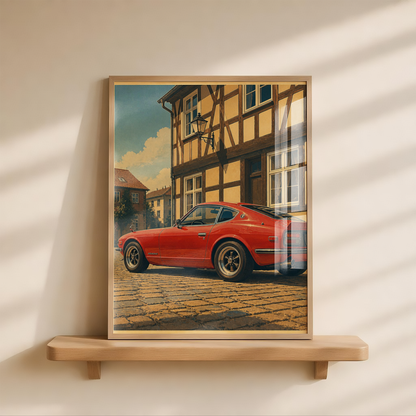 Affiche Coupé Japonais  Rouge Vintage, Rue Pavée Européenne, Architecture Ancienne & Automobile, Déco Murale