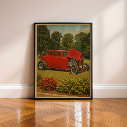 Affiche Hot Rod Rouge, Custom Car Vintage, Automobile Américaine, Déco Garage & Passion Automobile