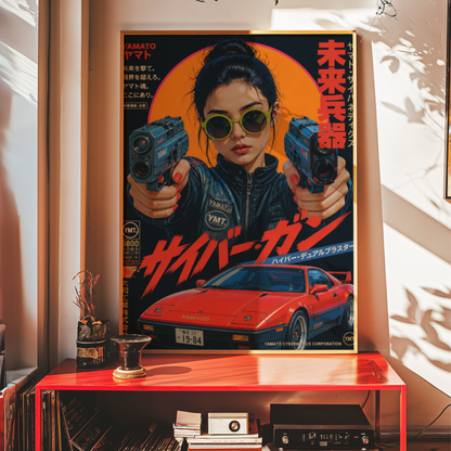 Future Tokyo Cyberpunk Poster, Futuristic Warrior Girl Wall Art, Retro Sci-Fi Racing Print, Japanese Neon Car Artwork, Dystopian Decor
