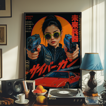 Future Tokyo Cyberpunk Poster, Futuristic Warrior Girl Wall Art, Retro Sci-Fi Racing Print, Japanese Neon Car Artwork, Dystopian Decor