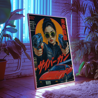 Future Tokyo Cyberpunk Poster, Futuristic Warrior Girl Wall Art, Retro Sci-Fi Racing Print, Japanese Neon Car Artwork, Dystopian Decor