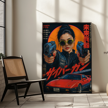 Future Tokyo Cyberpunk Poster, Futuristic Warrior Girl Wall Art, Retro Sci-Fi Racing Print, Japanese Neon Car Artwork, Dystopian Decor
