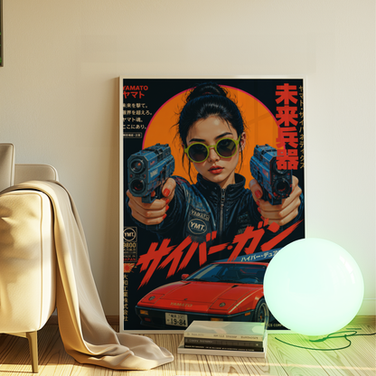 Future Tokyo Cyberpunk Poster, Futuristic Warrior Girl Wall Art, Retro Sci-Fi Racing Print, Japanese Neon Car Artwork, Dystopian Decor