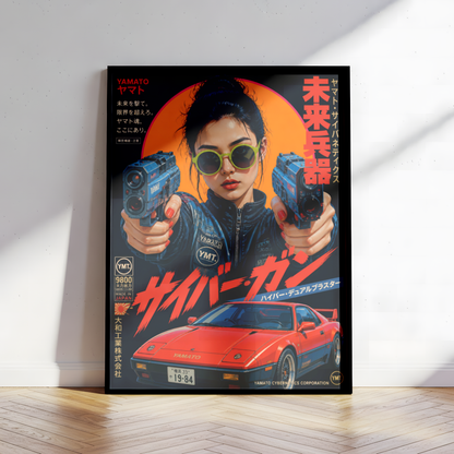 Future Tokyo Cyberpunk Poster, Futuristic Warrior Girl Wall Art, Retro Sci-Fi Racing Print, Japanese Neon Car Artwork, Dystopian Decor