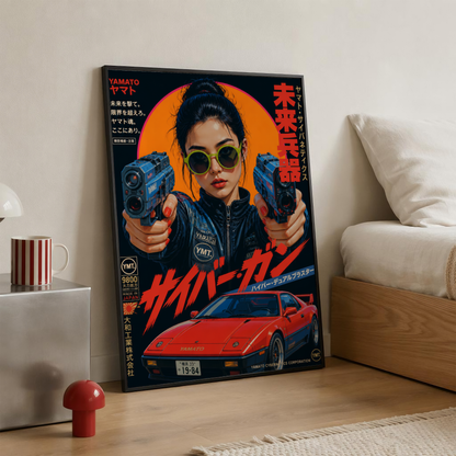 Future Tokyo Cyberpunk Poster, Futuristic Warrior Girl Wall Art, Retro Sci-Fi Racing Print, Japanese Neon Car Artwork, Dystopian Decor