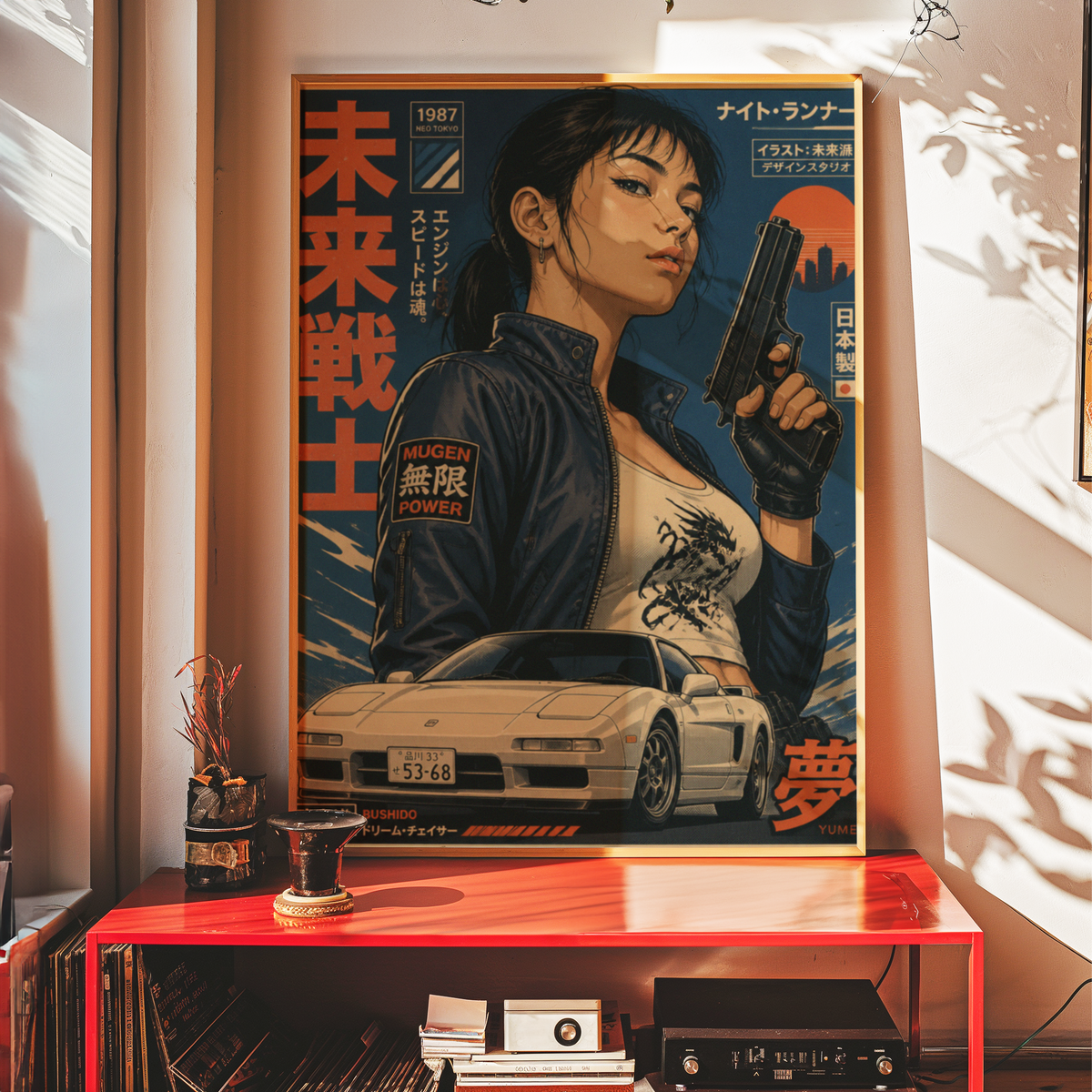 Neo Tokyo Night Runner Poster, Retro Anime Girl Wall Art, 1980s Japanese Car Print, Street Racing Decor, Cyberpunk Garage Artwork