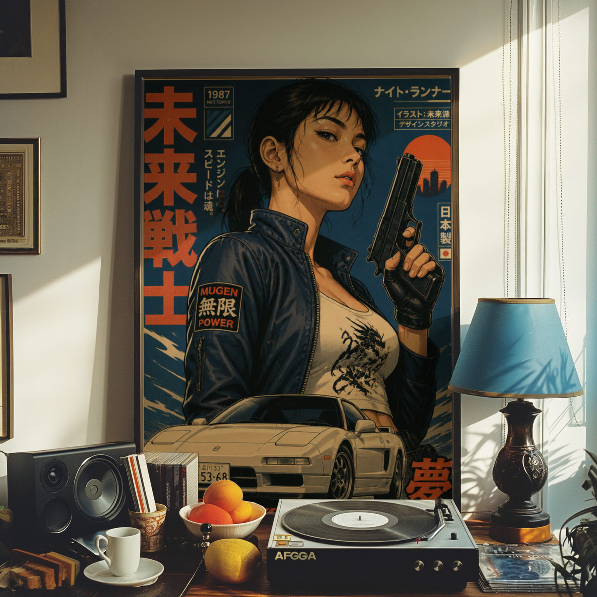 Neo Tokyo Night Runner Poster, Retro Anime Girl Wall Art, 1980s Japanese Car Print, Street Racing Decor, Cyberpunk Garage Artwork
