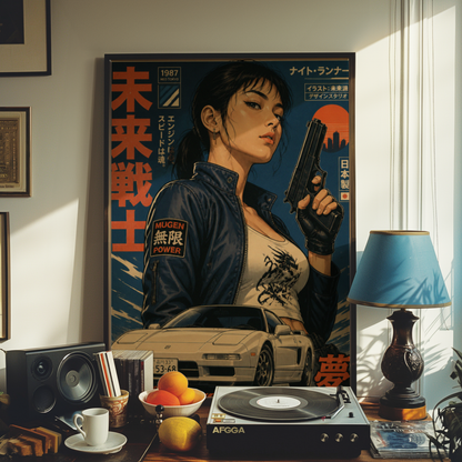 Neo Tokyo Night Runner Poster, Retro Anime Girl Wall Art, 1980s Japanese Car Print, Street Racing Decor, Cyberpunk Garage Artwork