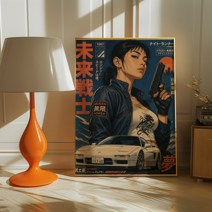 Neo Tokyo Night Runner Poster, Retro Anime Girl Wall Art, 1980s Japanese Car Print, Street Racing Decor, Cyberpunk Garage Artwork