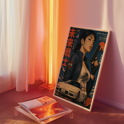Neo Tokyo Night Runner Poster, Retro Anime Girl Wall Art, 1980s Japanese Car Print, Street Racing Decor, Cyberpunk Garage Artwork